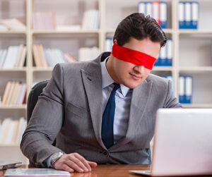 Man blindfolded at computer